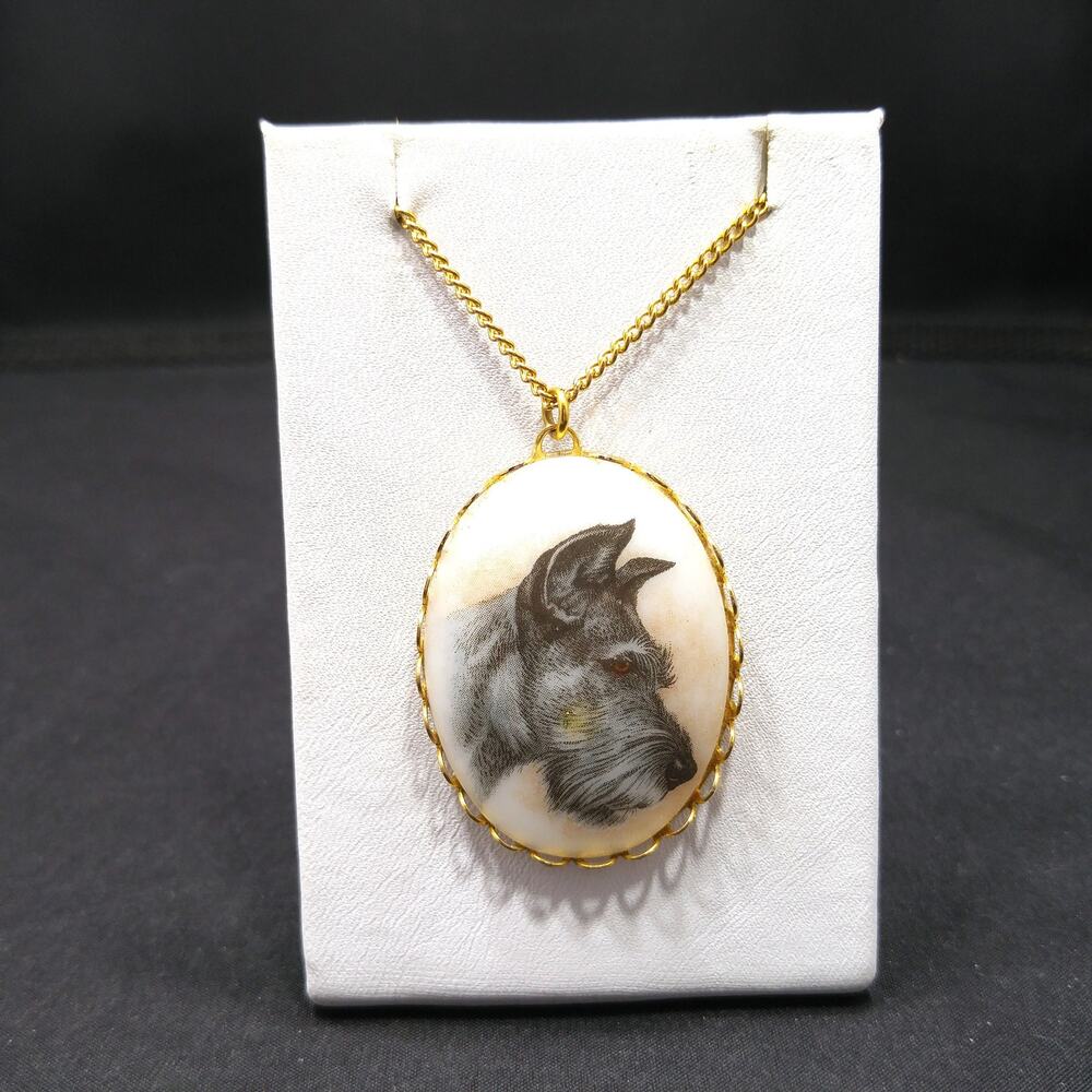 1960s Schnauzer Dog Pendant Necklace Ceramic Portrait Gold Tone Vintage Jewelry - Picture 7 of 10